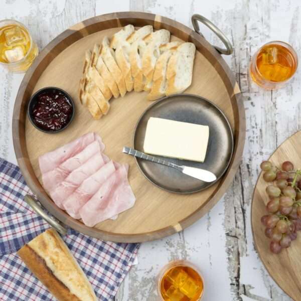 Olympia Round Tray Acacia Wood with Metal Handles 440x405x100mm