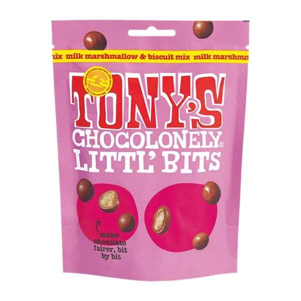 Tony’s Chocolonely Littl’ Bits – Milk Marshmallow Biscuit Mix 100g (Pack of 8)
