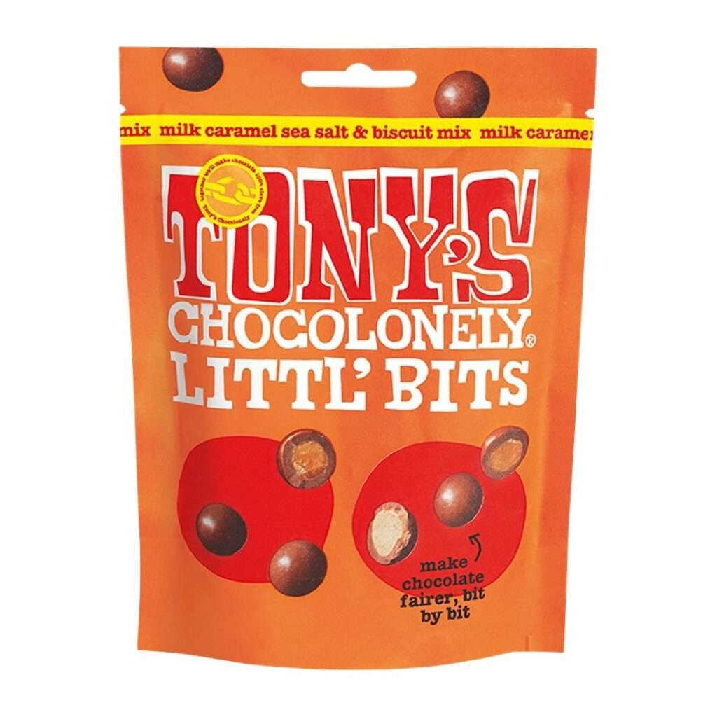 Tony’s Chocolonely Littl’ Bits – Milk Caramel Sea Salt Biscuit Mix 100g (Pack of 8)