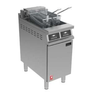 Falcon Dominator Plus E3845F2P Twin Pan Programmable Electric Twin Filtration Fryer on Feet