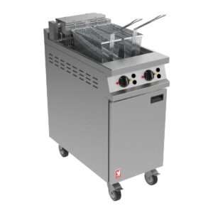 Falcon Dominator Plus E3845F2X Twin Pan Electric Twin Filtration Angel Fryer on Castors
