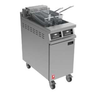 Falcon Dominator Plus E3845F2XP Twin Pan Programmable Electric Twin Filtration Angel Fryer on Castors