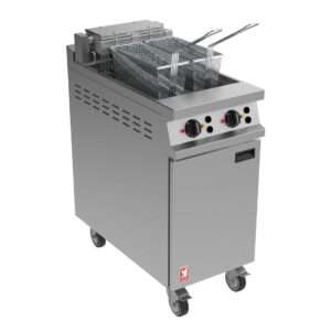 Falcon Dominator Plus E3845FX Twin Pan Electric Filtration Angel Fryer on Castors