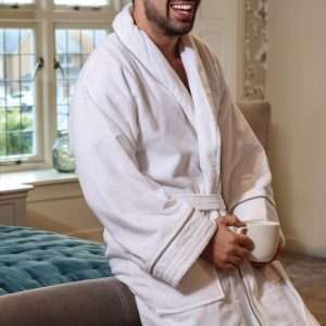 Mitre Heritage Ambassador White Bathrobe with Taupe Piping Extra Large