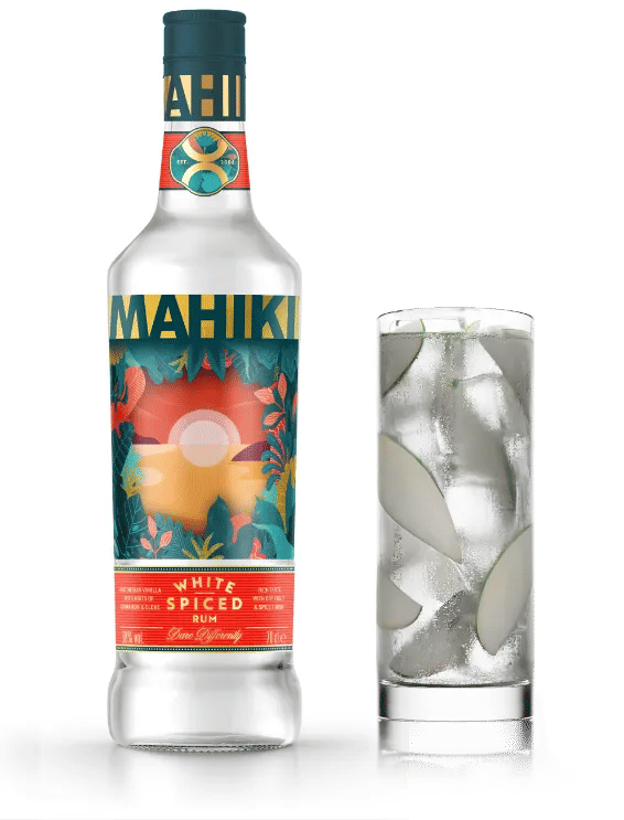 Mahiki White Spiced rum bottle and drink