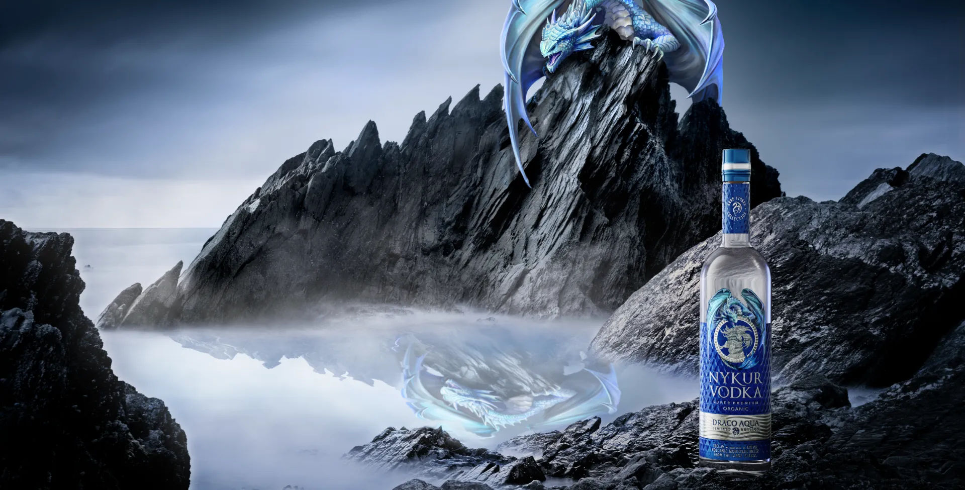 Nykur Draco Aqua vodka bottle in front of dragon