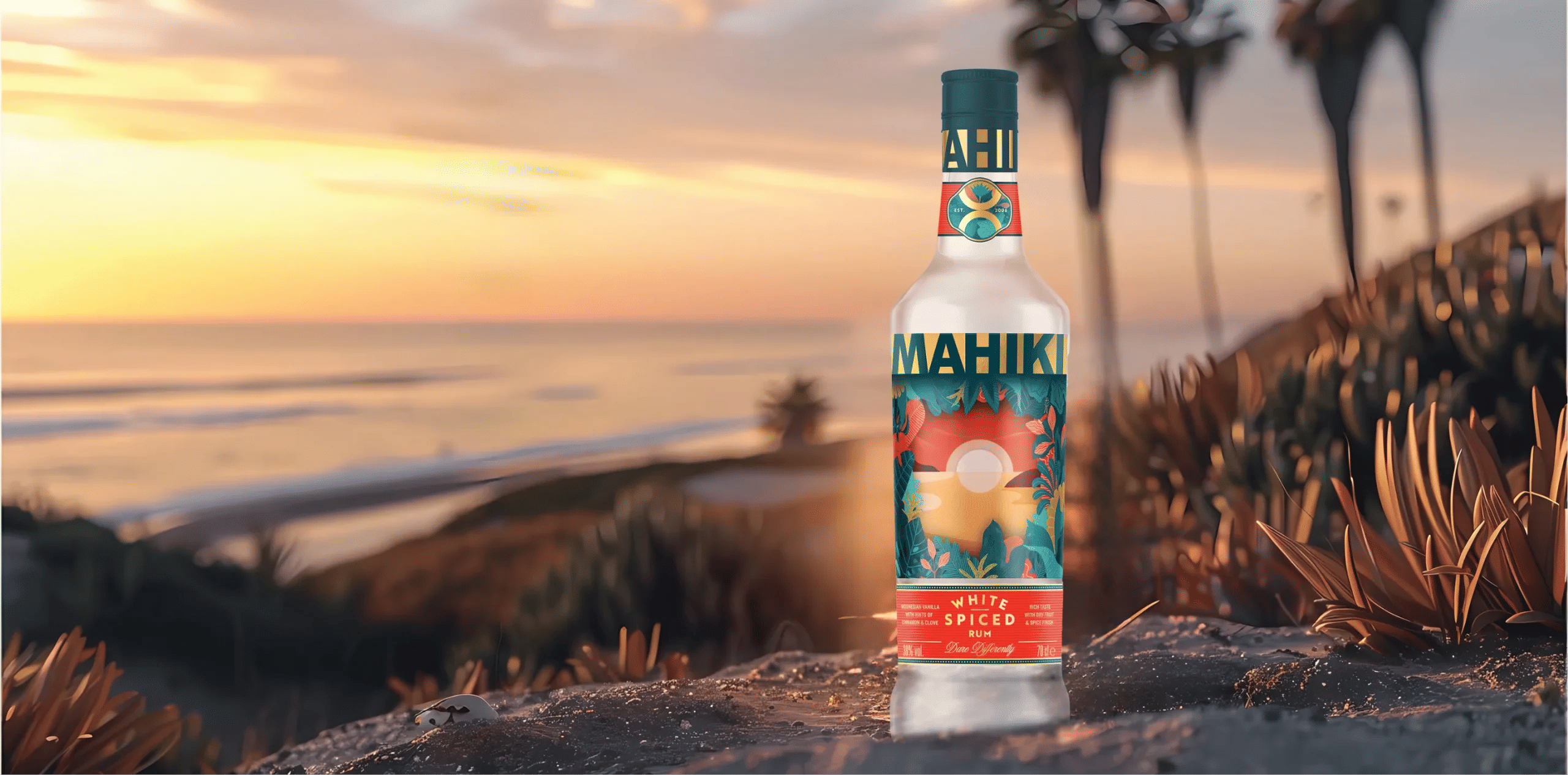 Mahiki White Spiced rum bottle in front of sunset