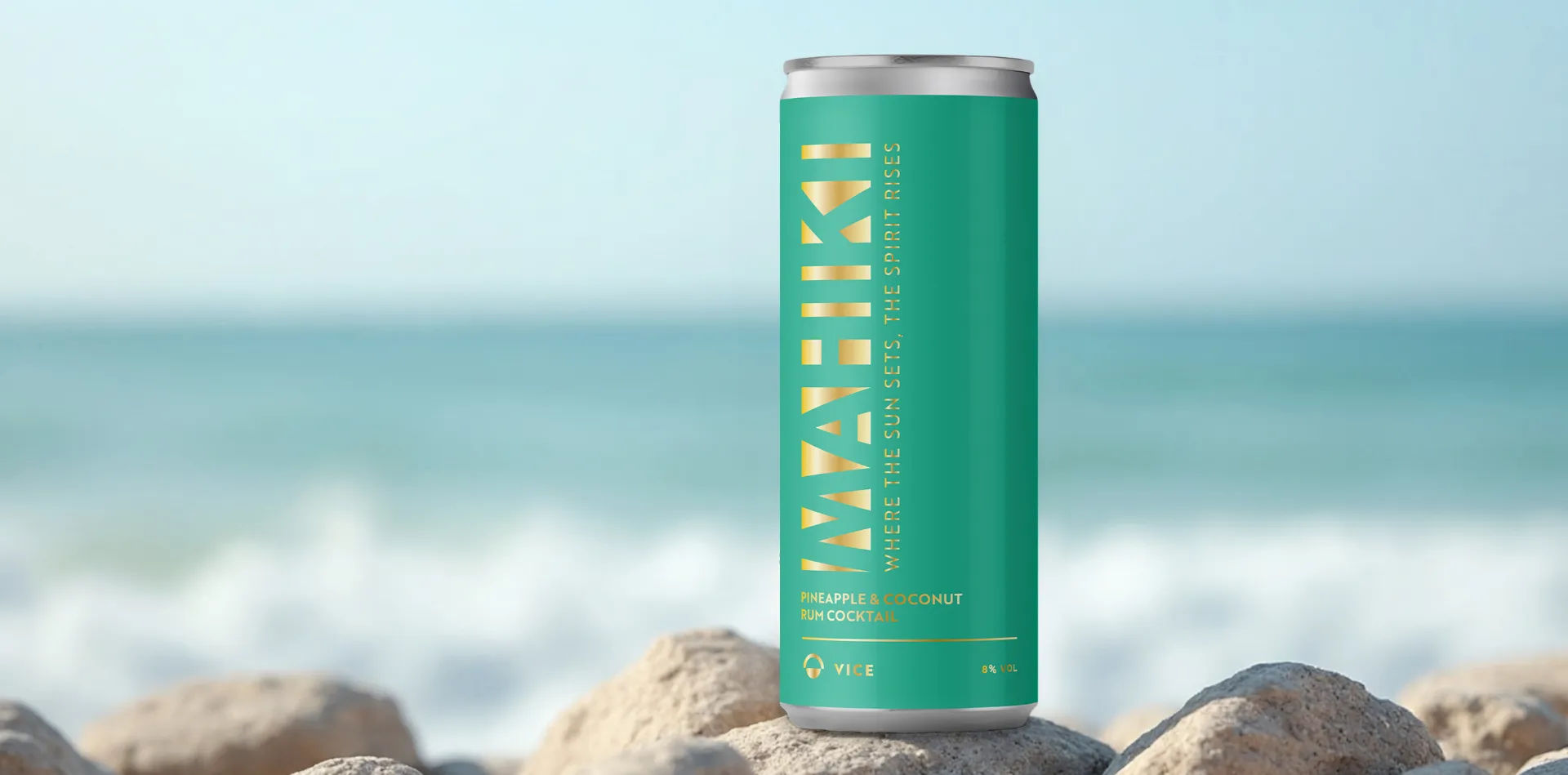 Mahiki White Spiced & Lemonade Ready-To-Drink can on a tropical beach