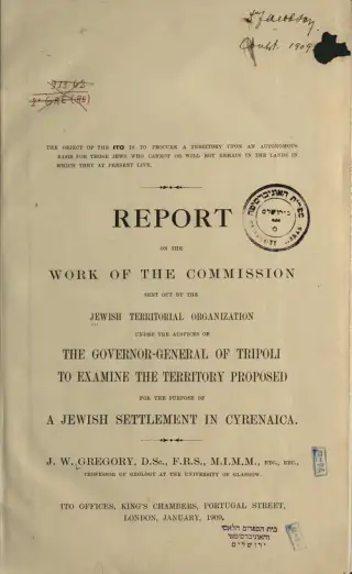غلاف كتاب Report on the Work of the Commission Sent out by the Jewish Territorial Organization... for the Purpose of a Jewish Settlement in Cyrenaica