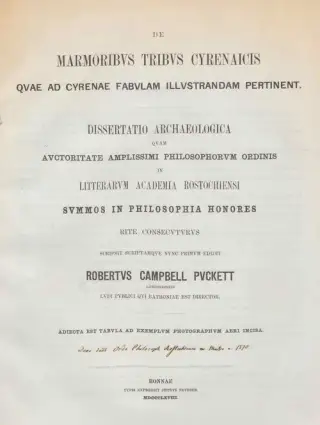 غلاف كتاب De marmoribus tribus Cyrenaicis quae ad Cyrenae fabulam illustrandam pertinent