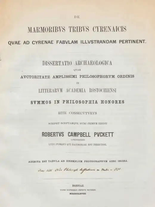 غلاف كتاب De marmoribus tribus Cyrenaicis quae ad Cyrenae fabulam illustrandam pertinent
