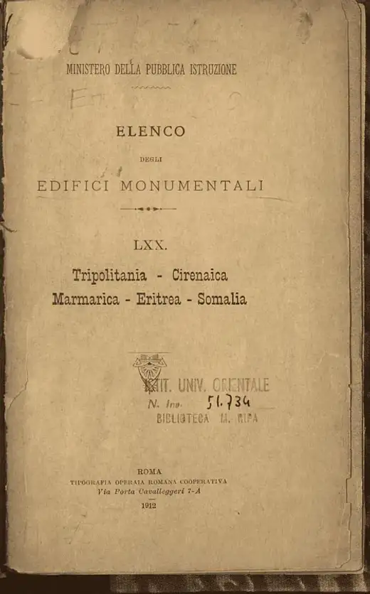 غلاف كتاب Elenco degli edifici monumentali. LXX: Tripolitania - Cirenaica - Marmarica - Eritrea - Somalia