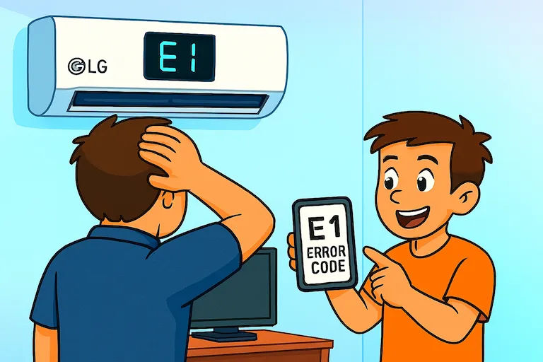 پسر جوانی پشت میز نشسته و لپ‌تاپش را به سمت مادرش 
                        که ایستاده چرخانده تا دفترچه راهنمای ماشین لباسشویی را نشان دهد؛ در کنار آن‌ها گلدانی روی زمین و ماشین لباسشویی‌ای با درِب باز و نشتی آب دیده می‌شود.
                        