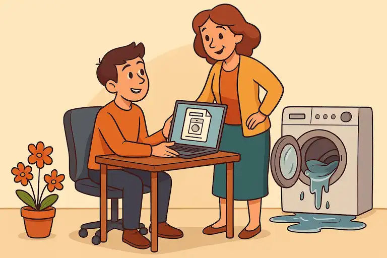 پسر جوانی پشت میز نشستته و لپ‌تاپش را به سمت مادرش 
                        که ایستاده چرخانده تا دفترچه راهنمای ماشین لباسشویی را نشان دهد؛ در کنار آن‌ها گلدانی روی زمین و ماشین لباسشویی‌ای با درِب باز و نشتی آب دیده می‌شود.
                        