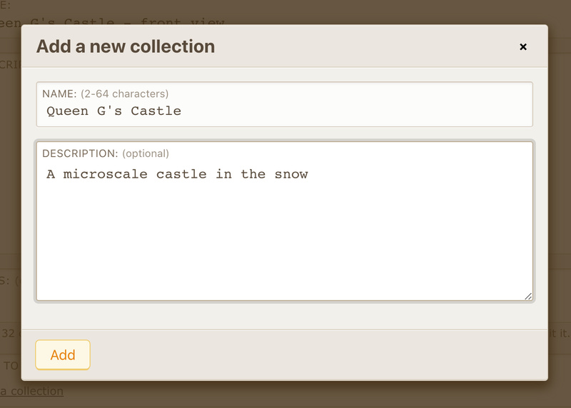 mocbuilder.com collection creation interface.