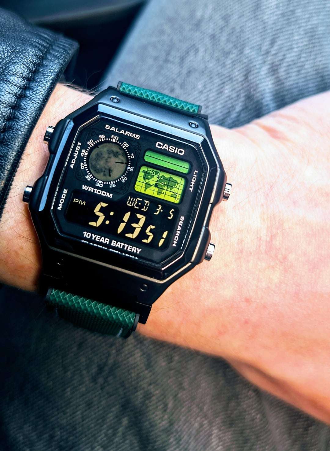 Lunar mod Casio AE-1200 watch example 5 - green lume moon mod watch customization
