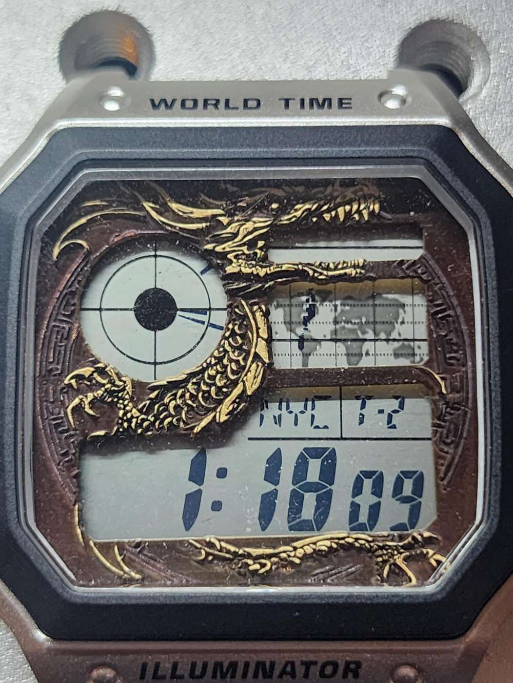 Custom faceplate mod Casio watch example 1 - engraved dragon faceplate watch customization