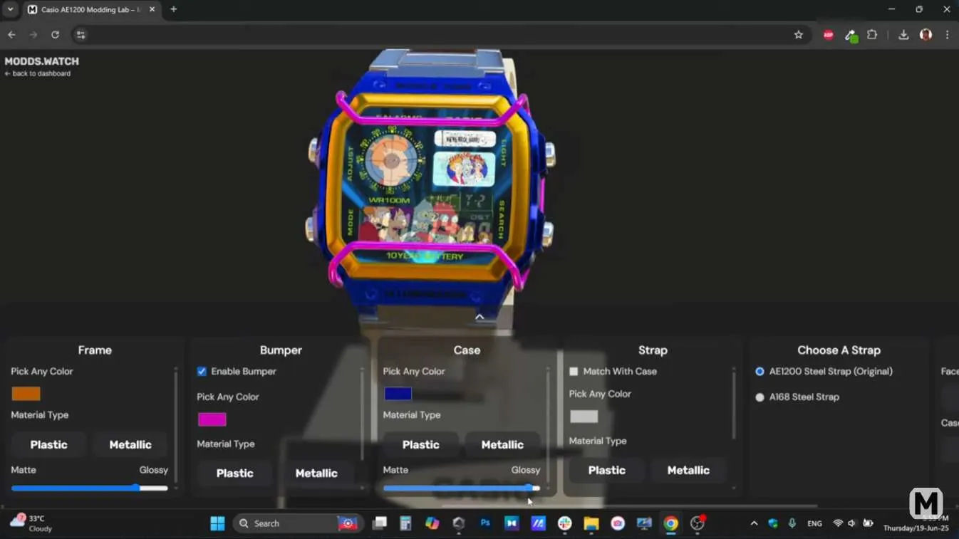 MODDS.WATCH app interface showing 3D watch customization platform - digital tool for watch modding and design visualization