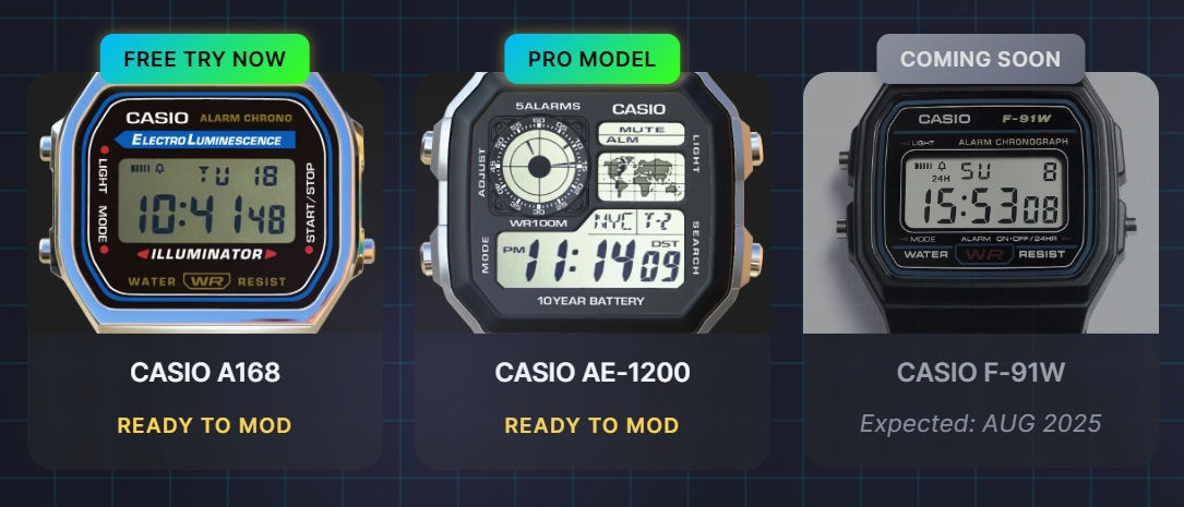 MODDS.WATCH app screenshot showing watch customization interface - digital platform for watch modding and design