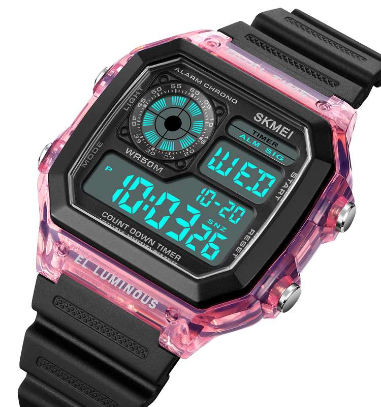 Close-up of the SKMEI 1998 budget digital watch featuring a transparent pink case and multiple functions such as alarm, countdown timer, and dual time display