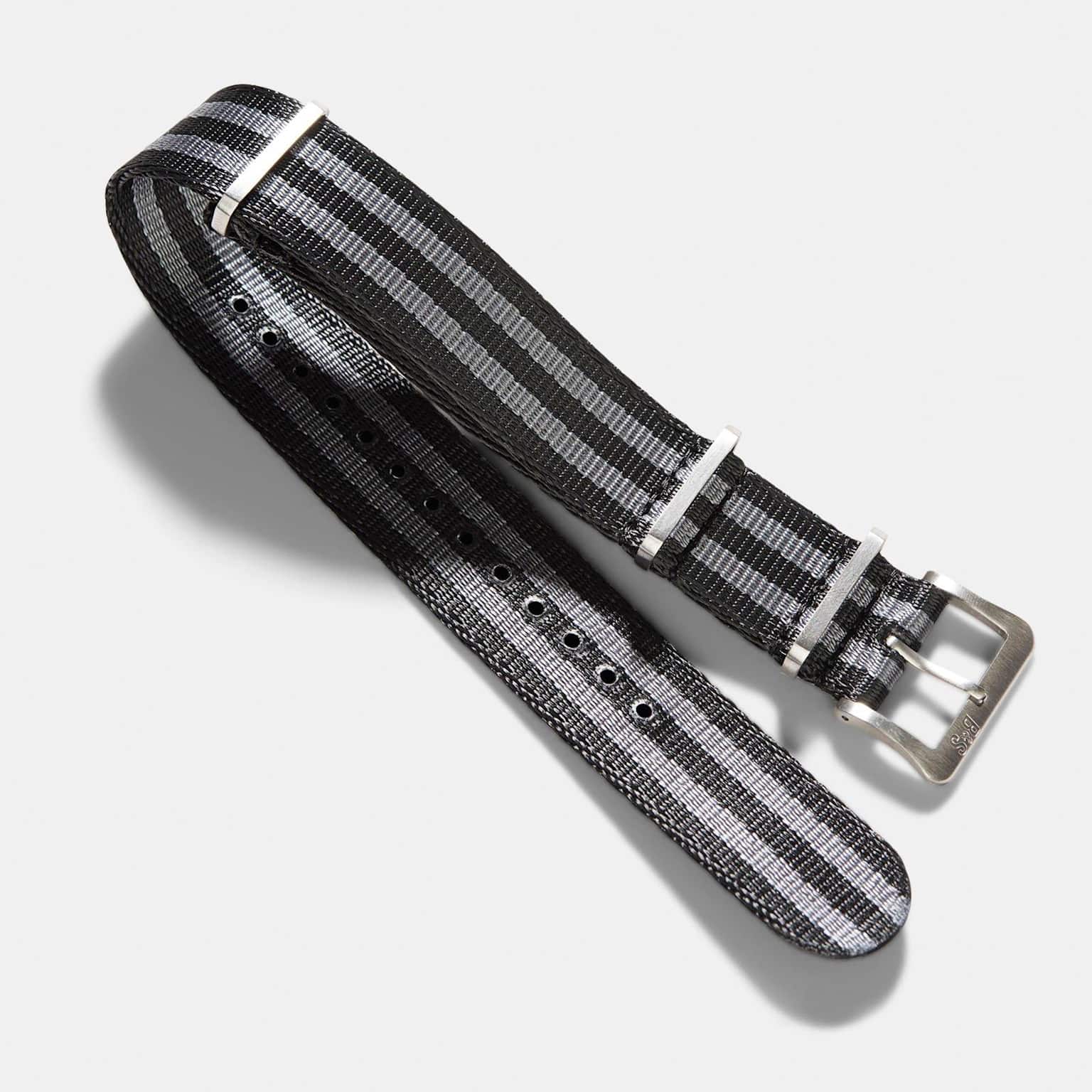 NATO nylon watch strap in black and silver, featuring metal buckle and loops