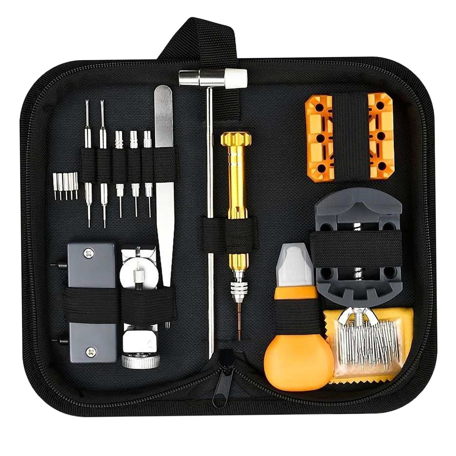 A complete watch repair toolkit in a portable case with essential tools like spring bar removers and precision screwdrivers for watch modding and repairs