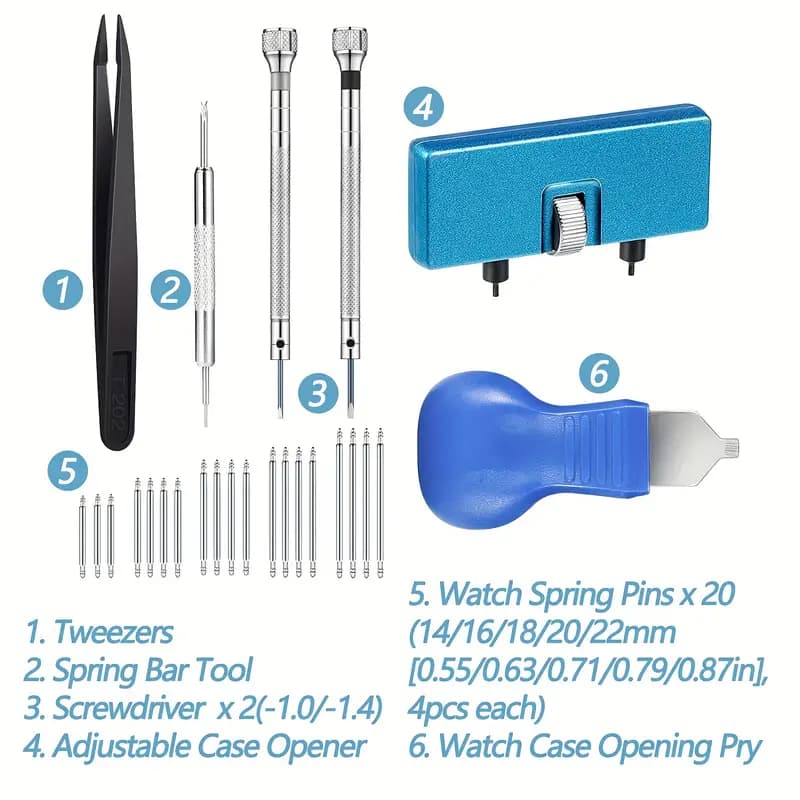Essential watch modding toolkit with tweezers, spring bar tool, screwdrivers, adjustable case opener, spring pins, and case opening pry tool
