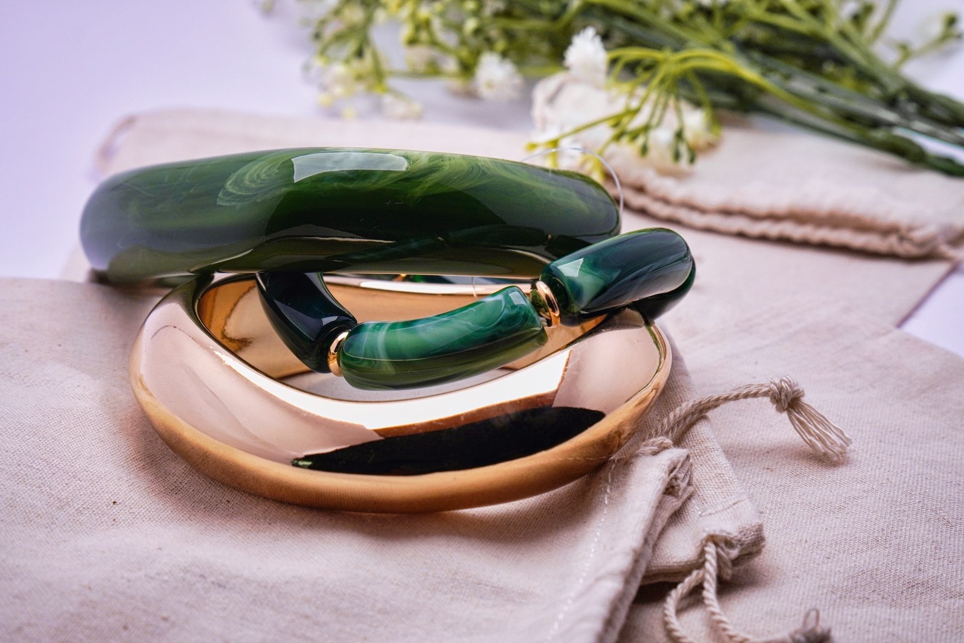 Malachite Green & Gold Resin Bangle Set