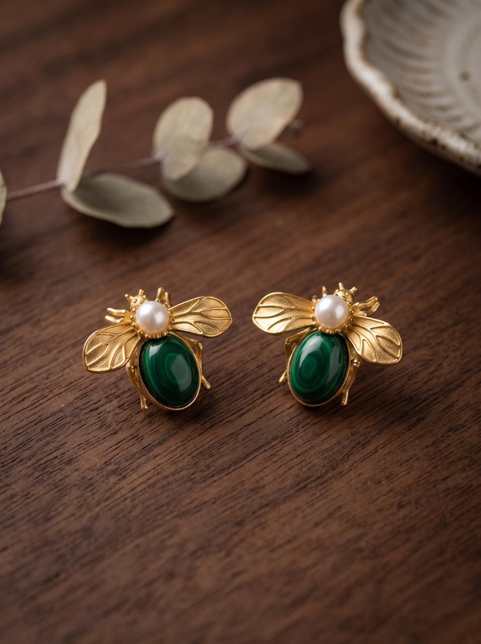 Blooming Emerald Bee Earrings
