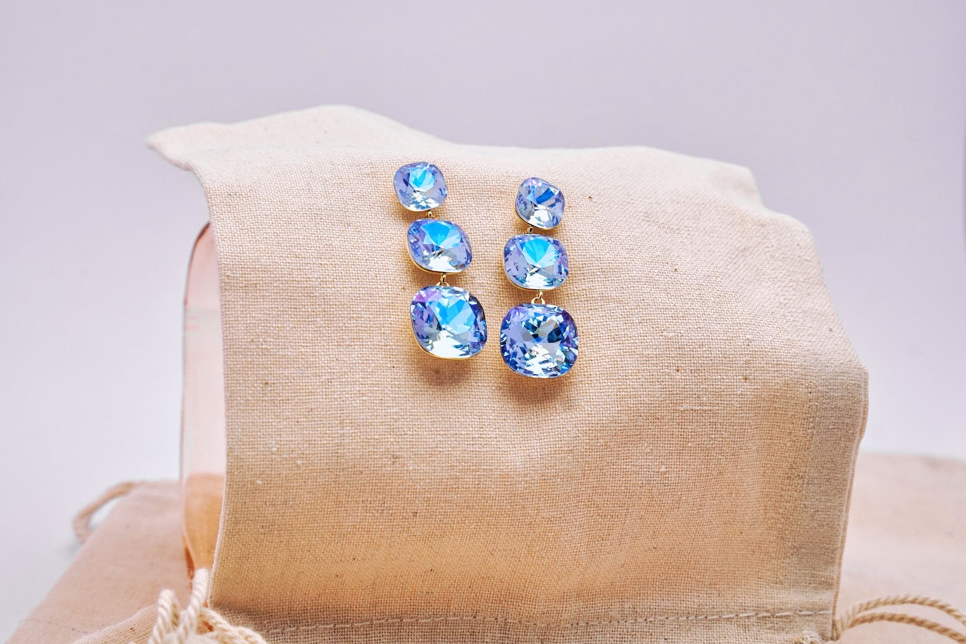 Triple Cushion Blue Drop Earrings