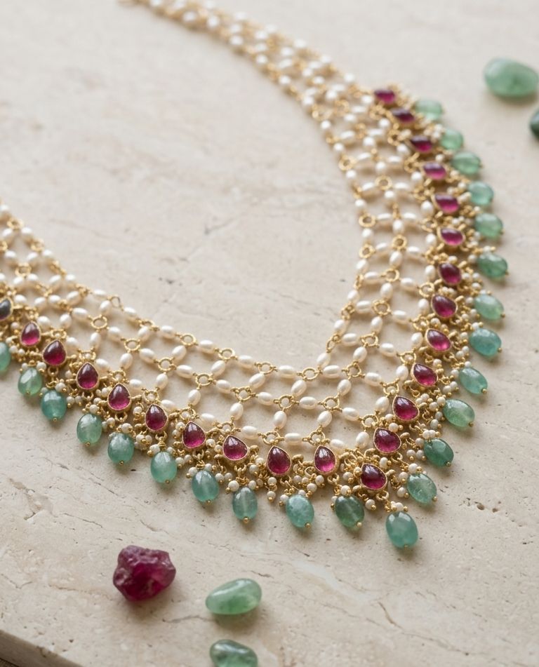 Ruby Pearl Lattice Necklace