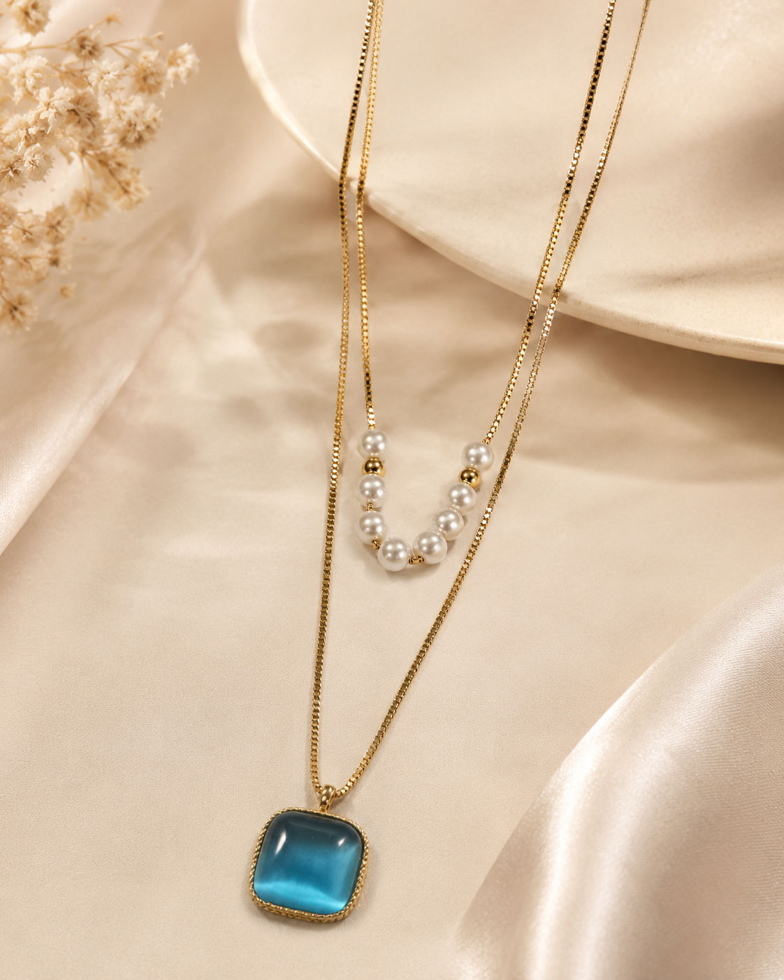 Blue Square Pearl Layered Necklace
