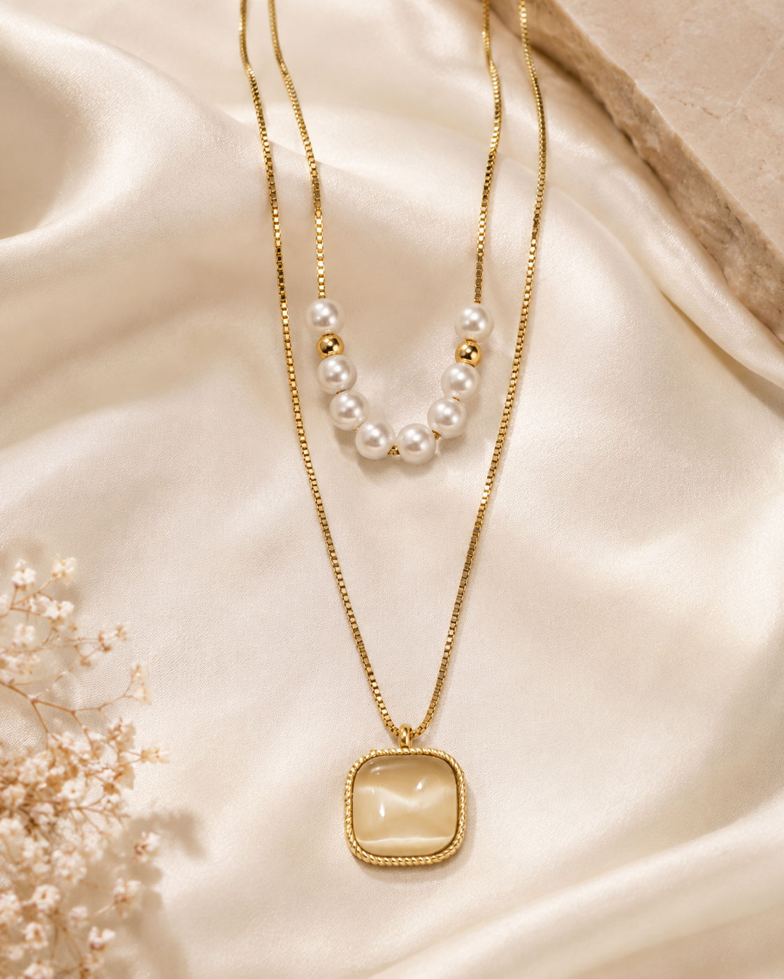 Golden Square Pearl Layered Necklace