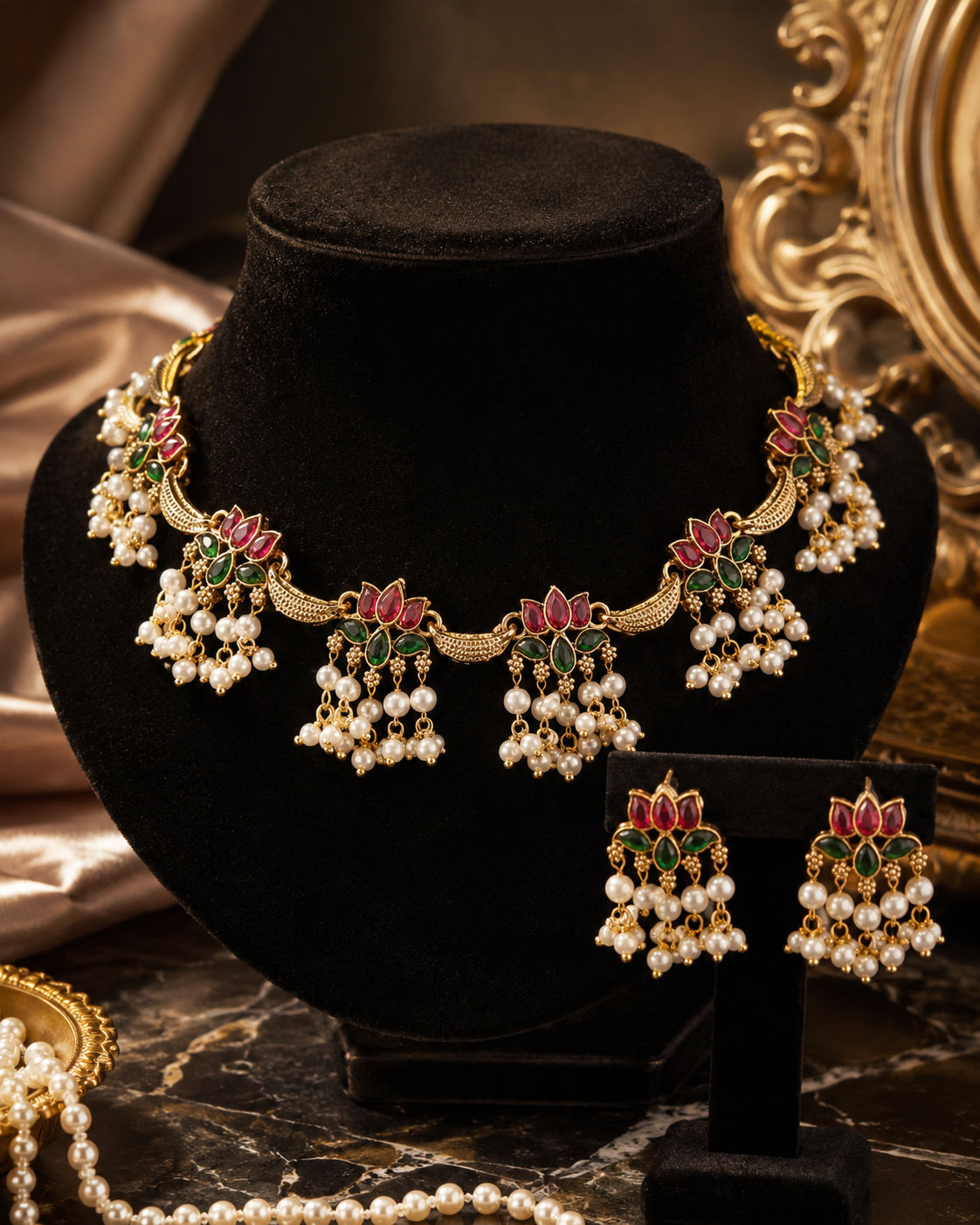 Ruby Green Lotus Pearl Set