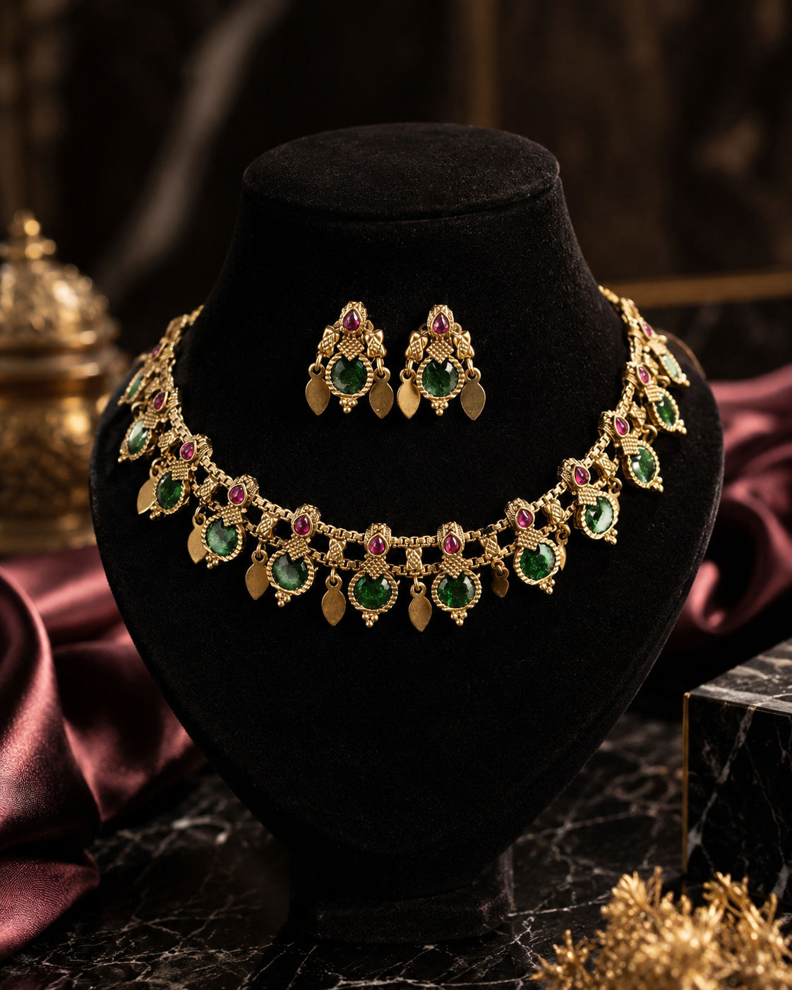 Ruby Green Palakka Leaf Motif Choker Set