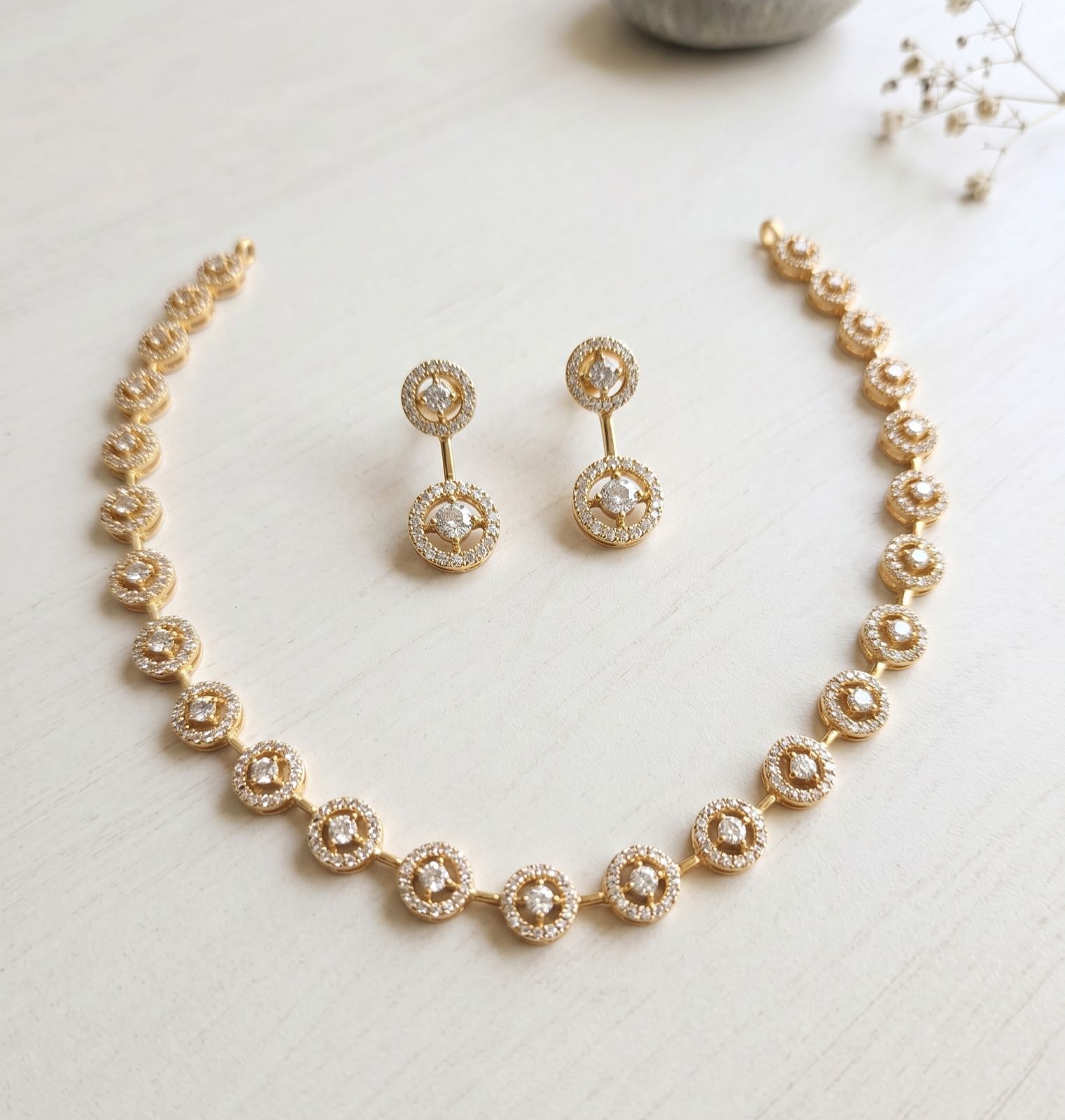 Circular AD Stone Link Necklace with Matching Drop Earrings