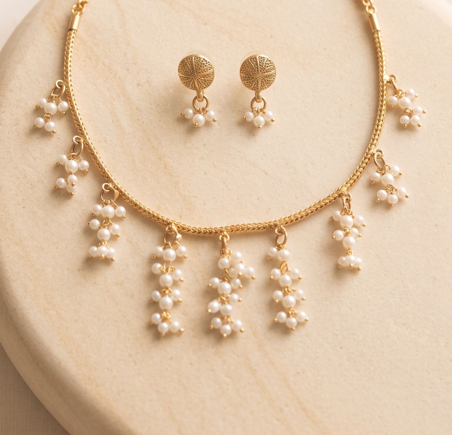 Gold-Toned Pearl Cluster Choker with Textured Stud Earrings