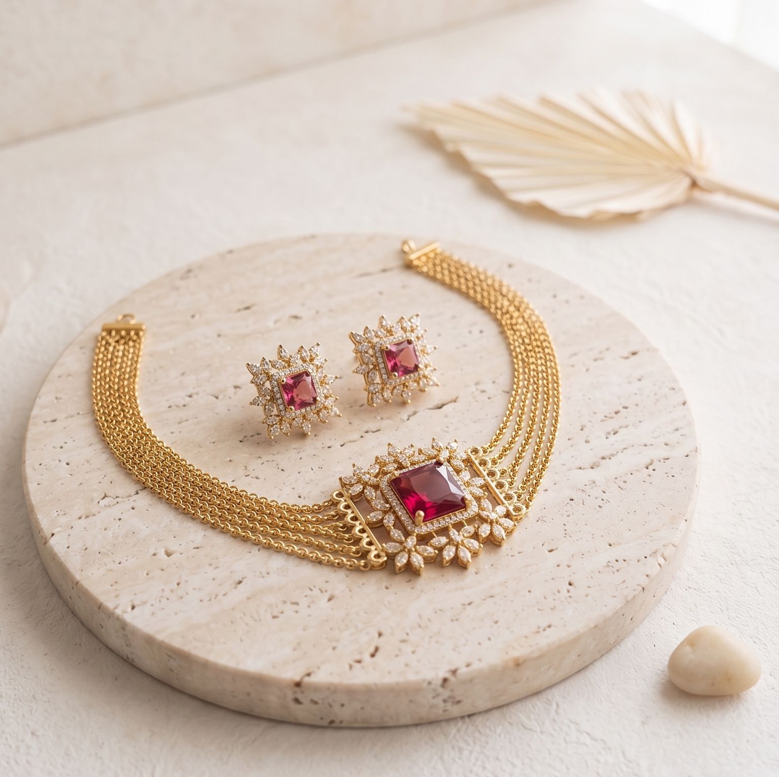 Ruby AD Stone Multi-Strand Choker with Matching Stud Earrings