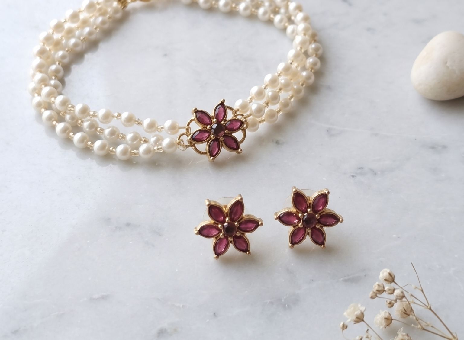 Ruby Floral Pearl Multi-Strand Choker Set