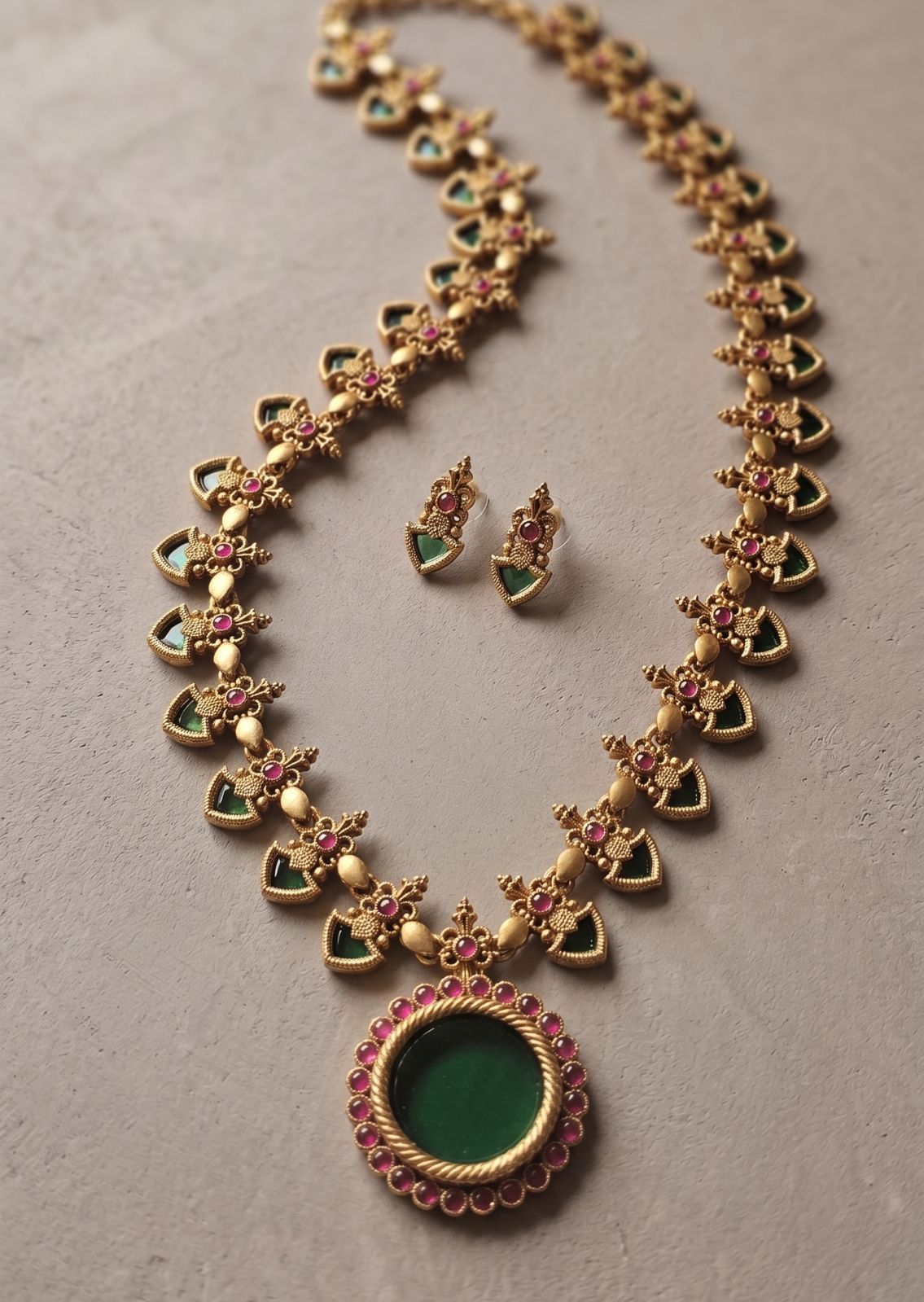 Green Palakka Leaf Motif Long Haram with Ruby Border & Round Pendant