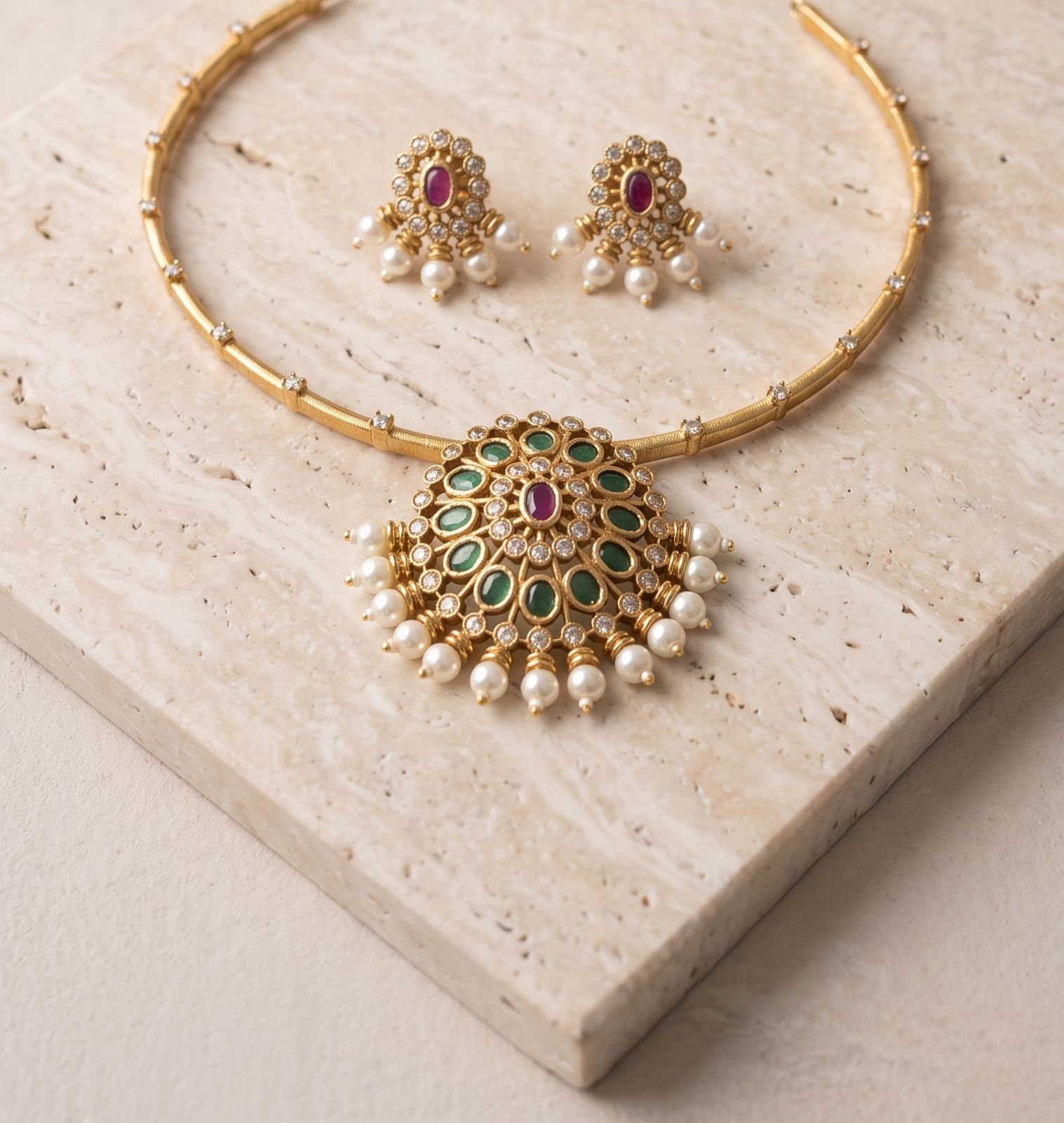 Ruby Green Floral Hasli with Pearl-Drop Earrings