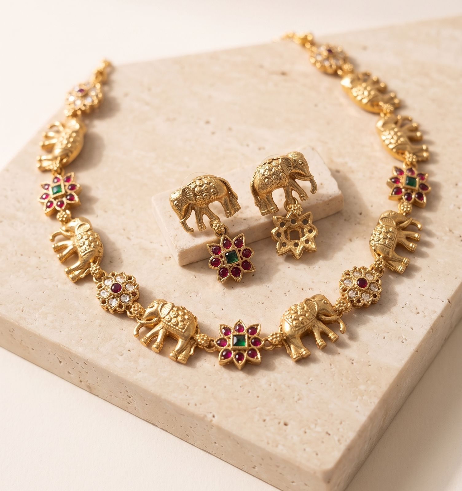 Antique Elephant Temple Necklace with Ruby-Emerald Floral Motifs