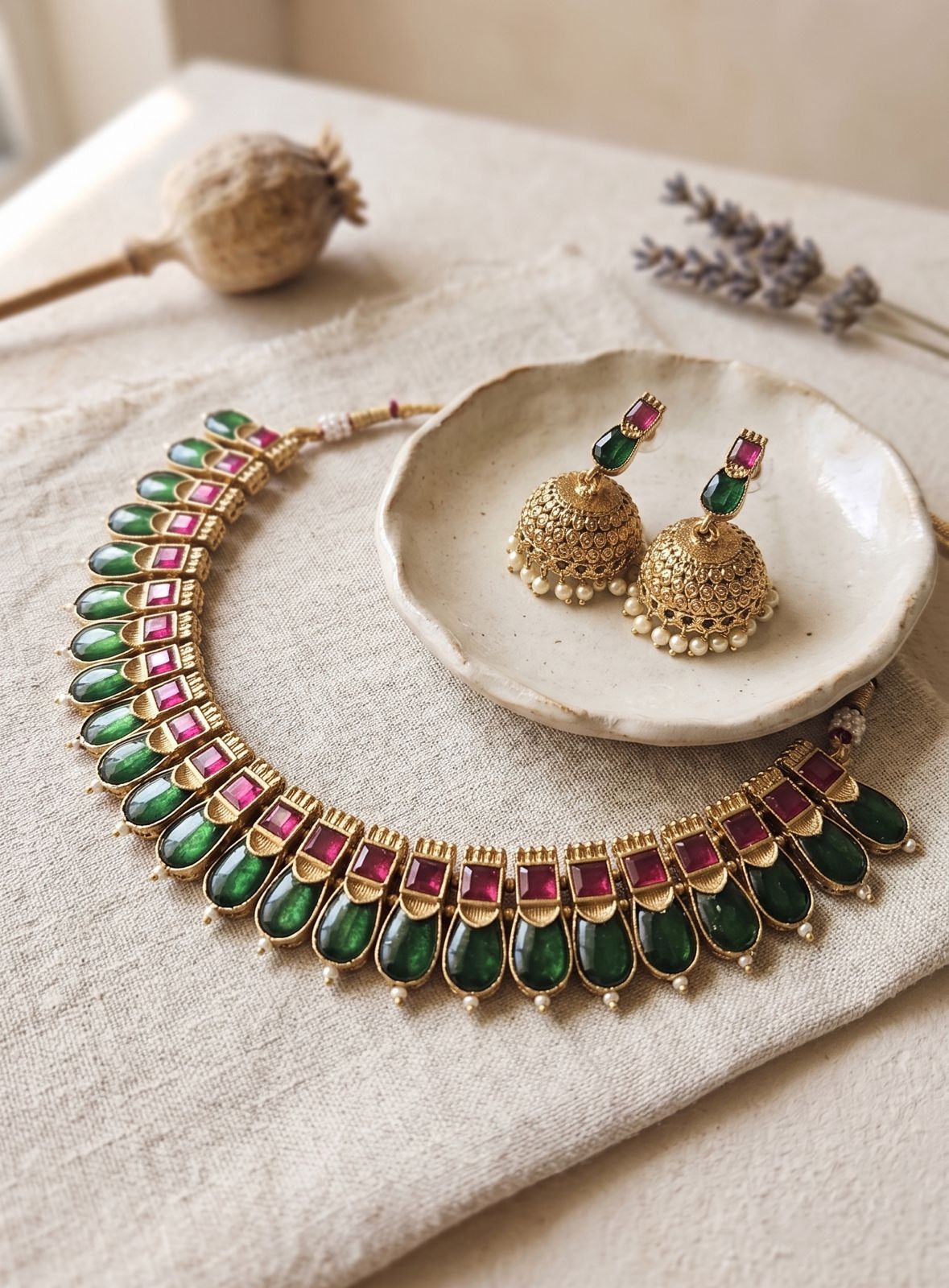 Green Ruby Palakka Nagapadam Necklace with Jhumkas