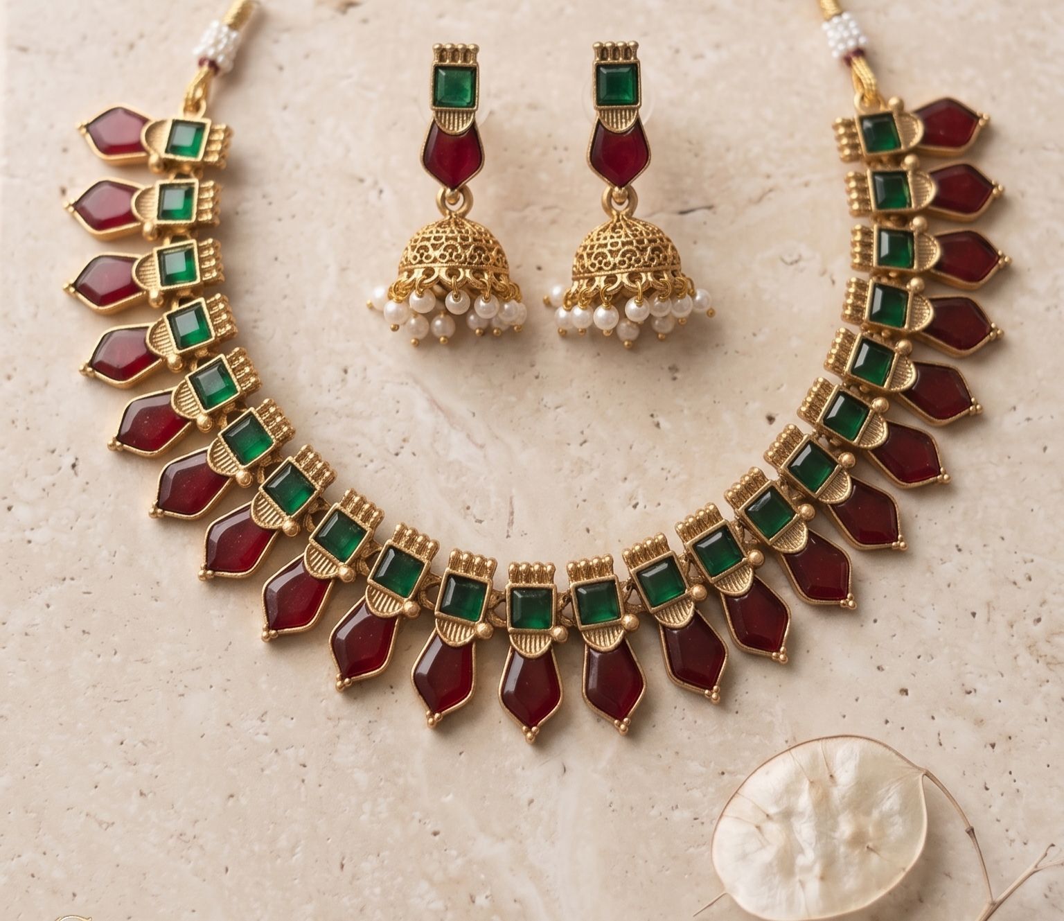 Ruby Green Square Palakka Necklace with Jhumkas