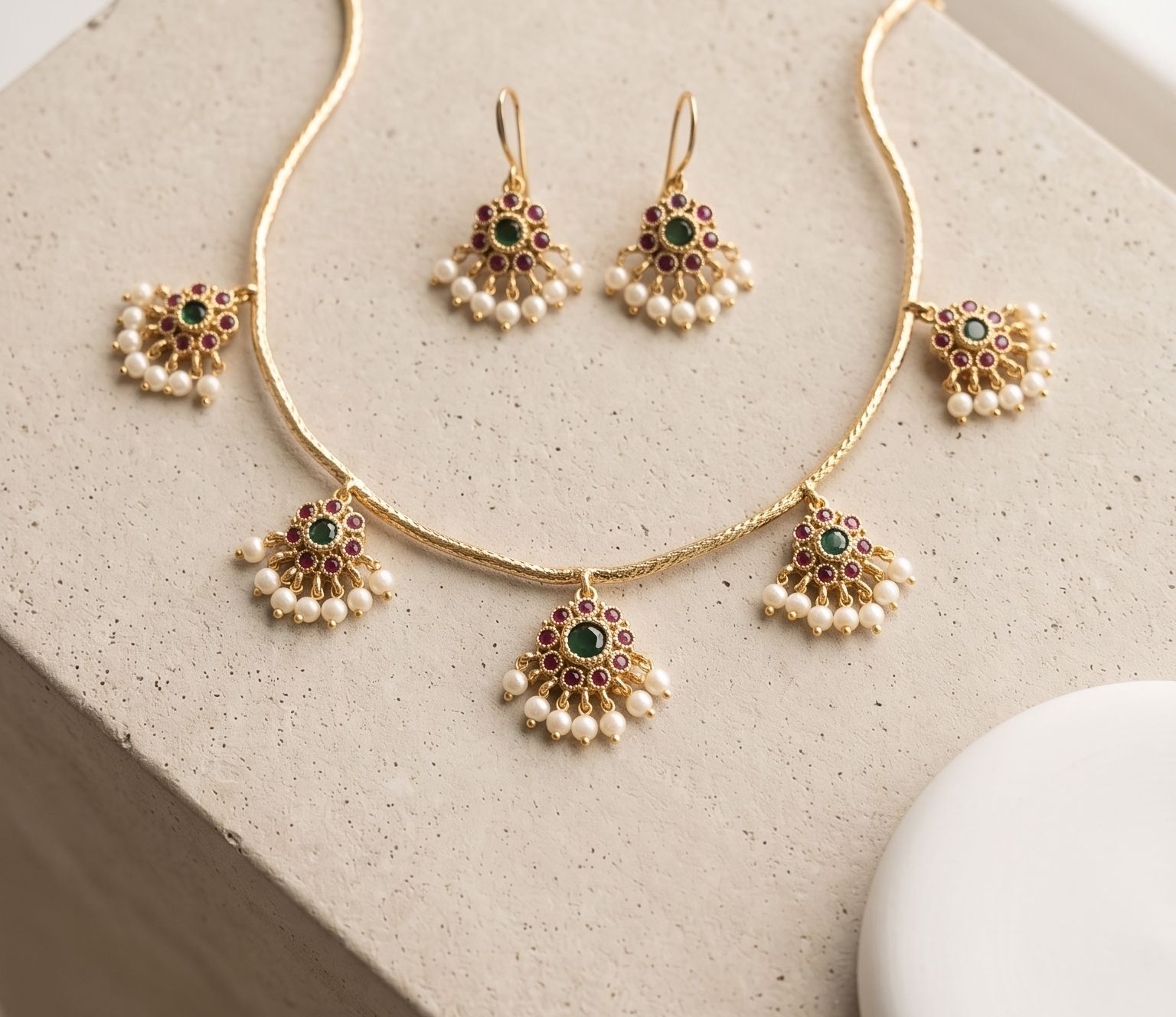 Ruby Green Floral Pearl-Drop Necklace Set