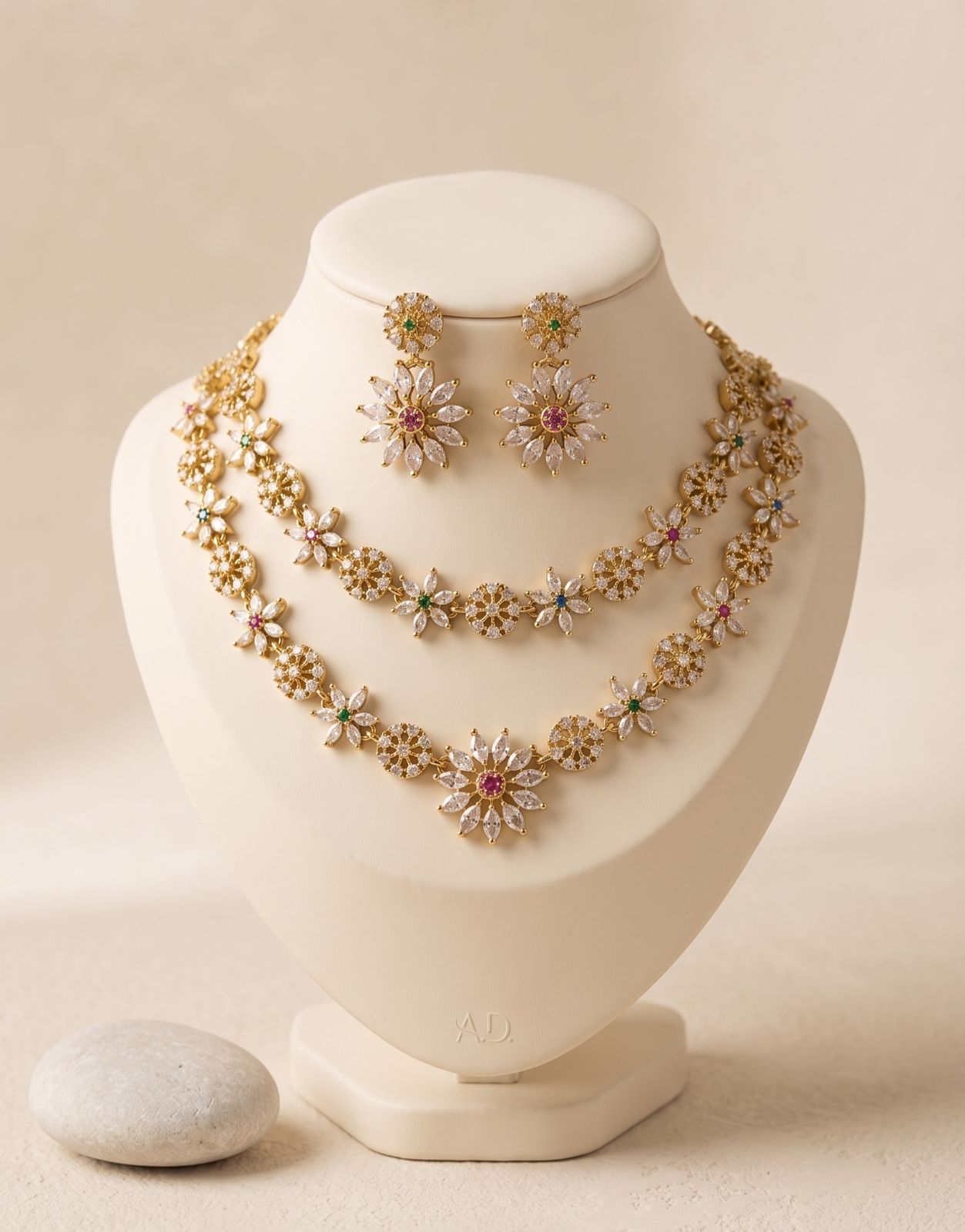 Ruby Emerald Floral Double-Layer AD Necklace Set