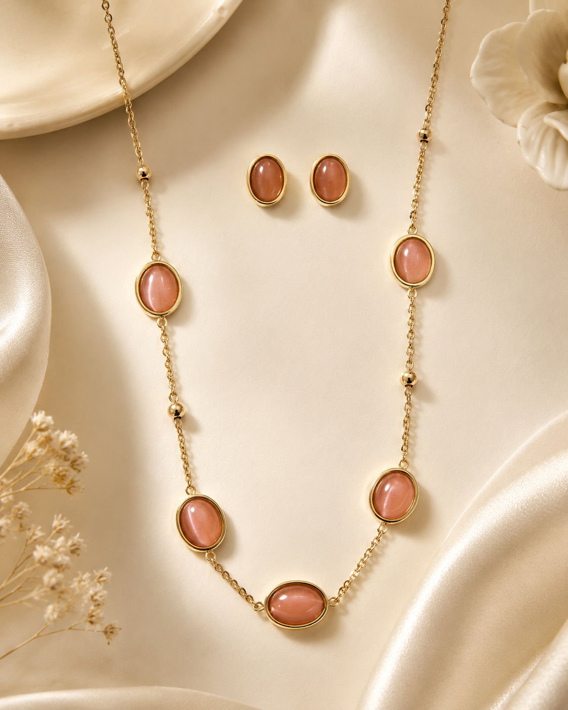 Pink Oval Station Necklace Set