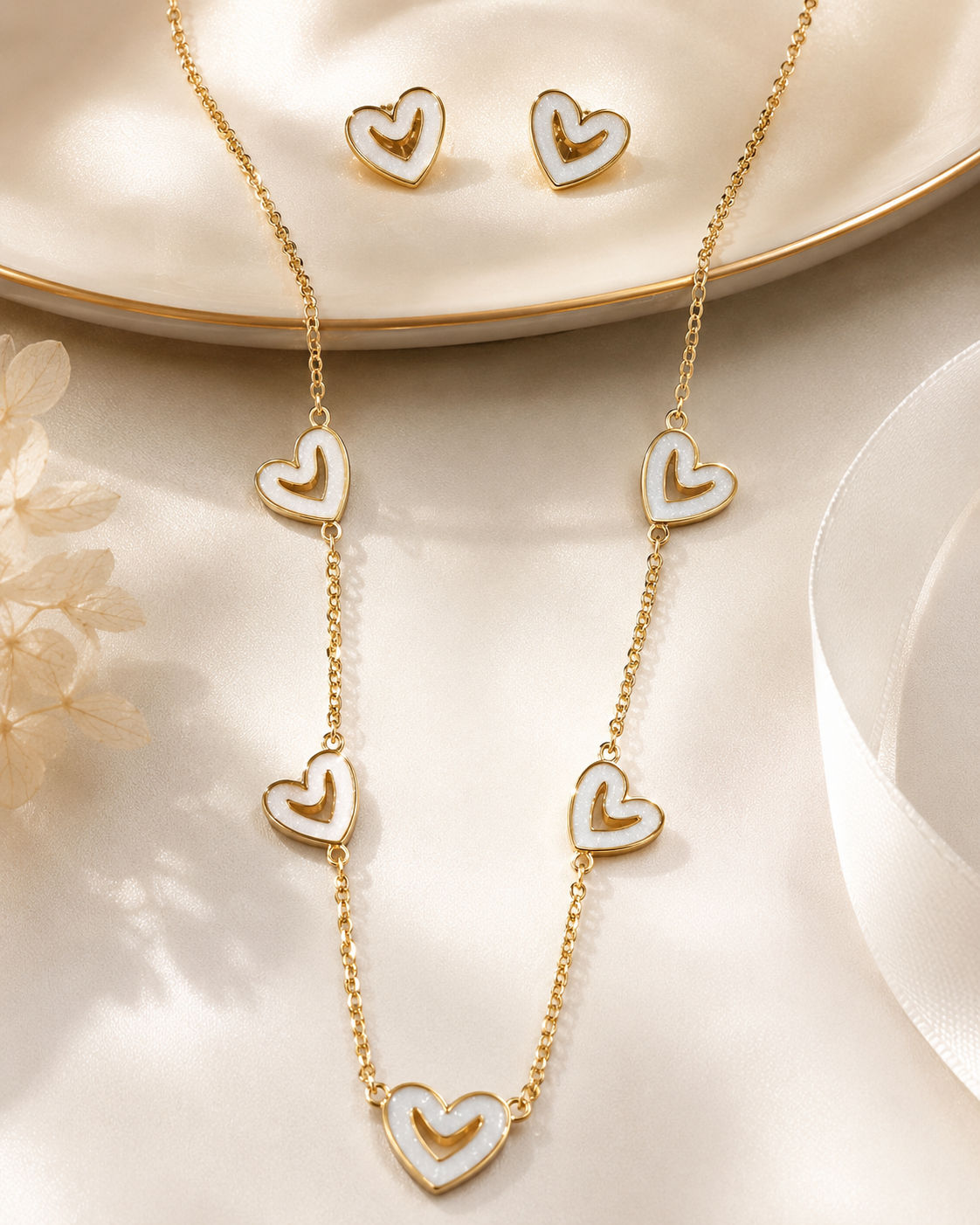 White Open Heart Station Necklace Set