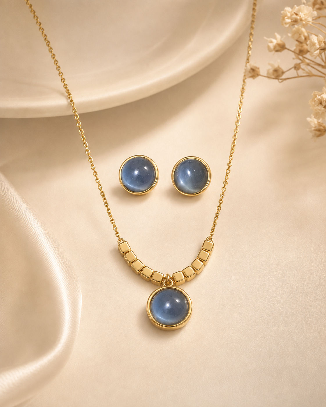 Blue Cabochon Cube Necklace Set