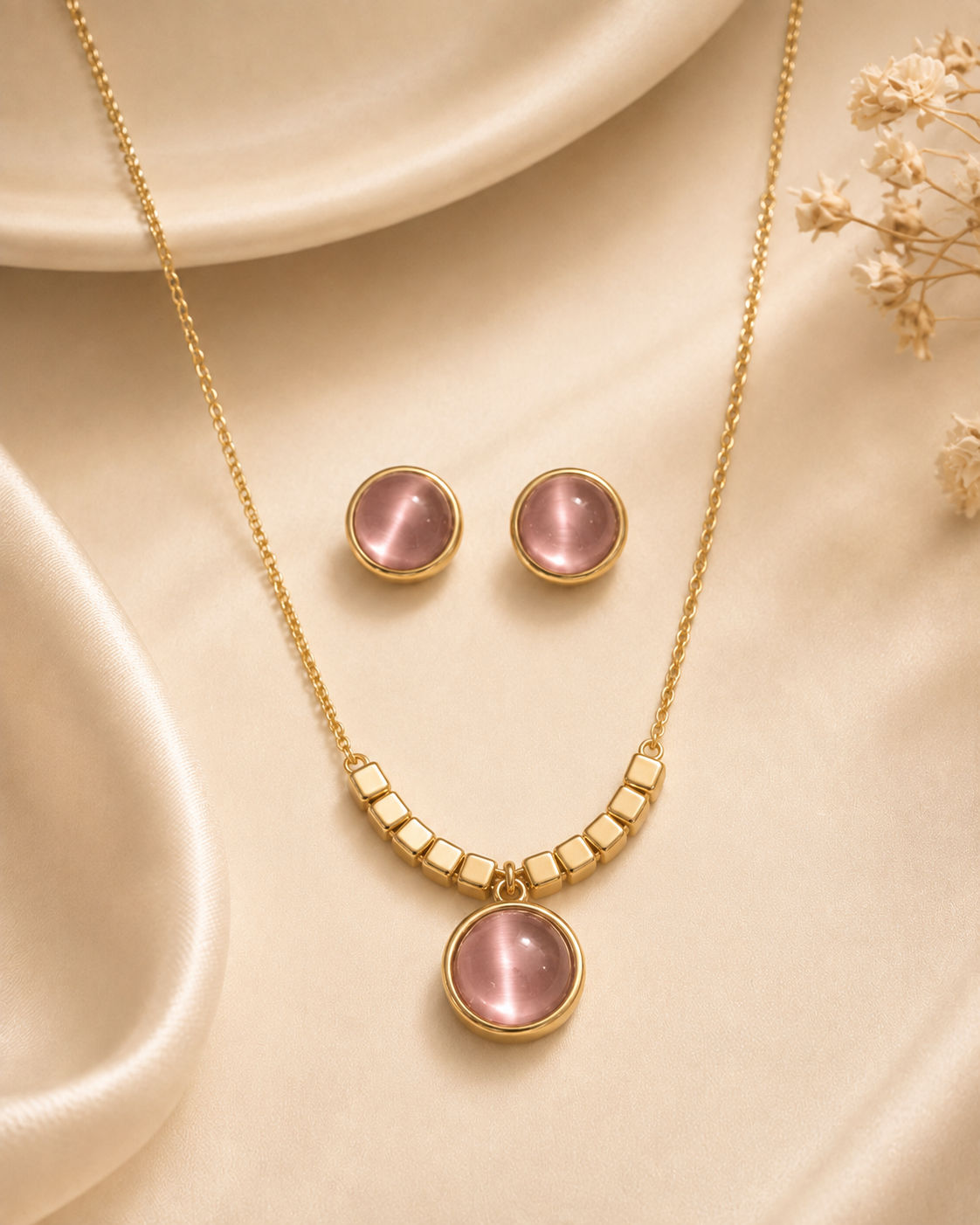 Pink Cabochon Cube Necklace Set